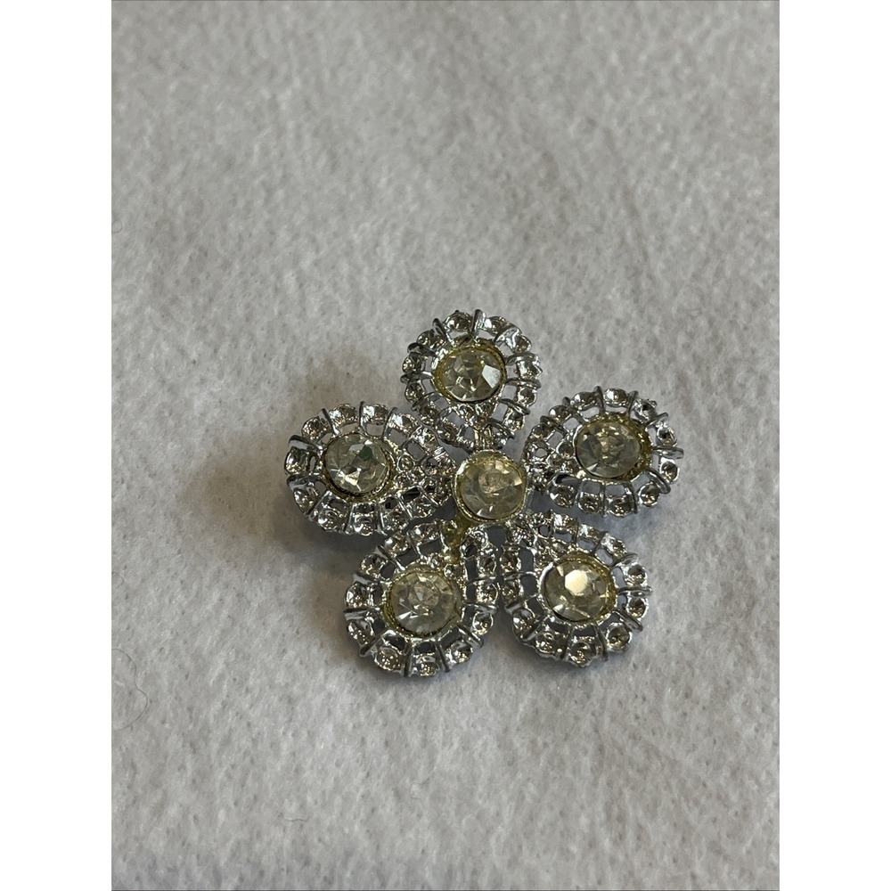 Vintage Clear Rhinestone Floral Brooch Pin Flower